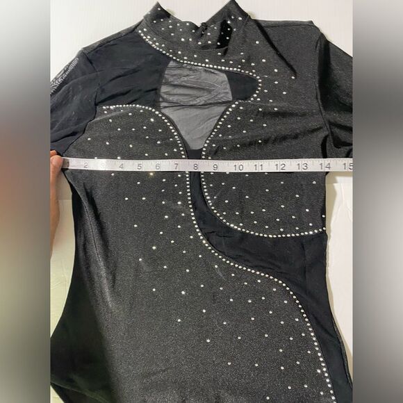 Iefiel Dance costume bodysuit leotard black mesh long sleeve rhinestone adult S - Picture 7 of 10